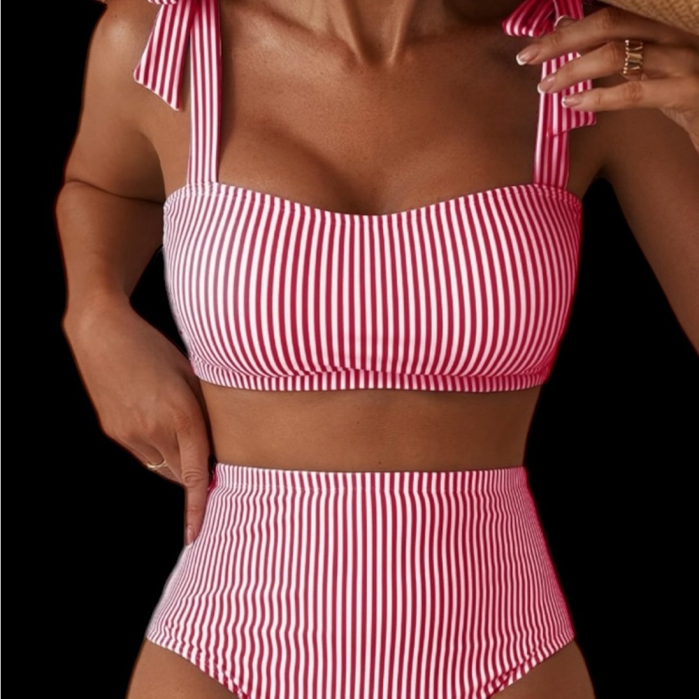 Herseas Red White Striped High-Waist Bikini Set Bow Straps Bandeau Top